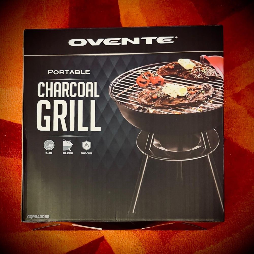 NIB, Ovente, Portable Charcoal Grill. Cool Touch Handle. Dual Venting System.